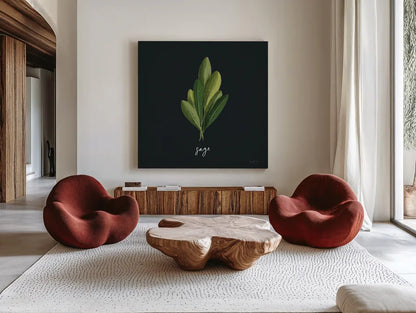 Herbs II Black by Becky Thorns. Shown as extra-large giant wall art in a modern living room. Available as an archival giclee rolled canvas, fine art paper, or poster print. SKU 64683a.