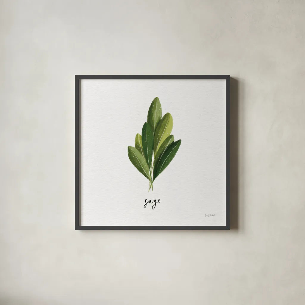 Herbs II White by Becky Thorns. Shown in a sleek black glass frame for a contemporary gallery look. Available as an archival giclee rolled canvas, fine art paper, or poster print. SKU 64690a.