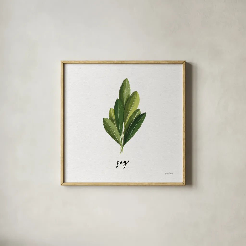 Herbs II White by Becky Thorns. Shown in a natural wood glass frame for a timeless modern aesthetic. Available as an archival giclee rolled canvas, fine art paper, or poster print. SKU 64690a.