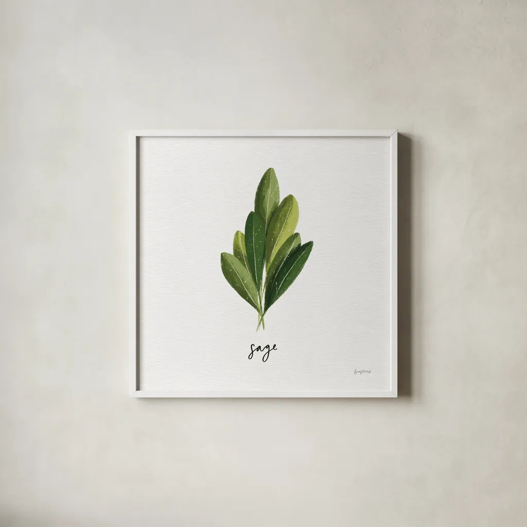 Herbs II White by Becky Thorns. Shown in a crisp white glass frame for a clean and minimalist style. Available as an archival giclee rolled canvas, fine art paper, or poster print. SKU 64690a.
