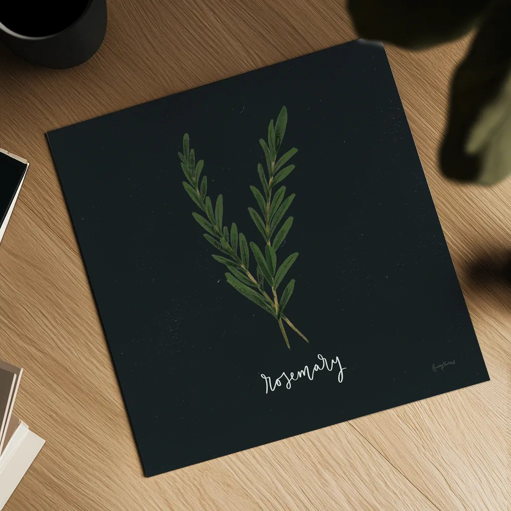 Herbs III Black by Becky Thorns. Shown as a detailed flat fine art print, highlighting archival giclee quality. Available as an archival giclee rolled canvas, fine art paper, or poster print. SKU 64684a.