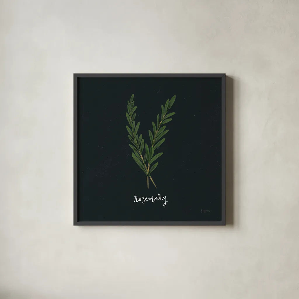 Herbs III Black by Becky Thorns. Shown in a sleek black glass frame for a contemporary gallery look. Available as an archival giclee rolled canvas, fine art paper, or poster print. SKU 64684a.
