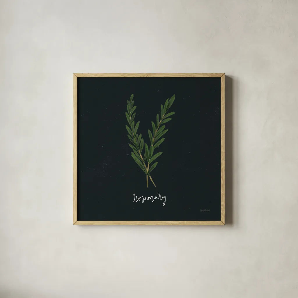 Herbs III Black by Becky Thorns. Shown in a natural wood glass frame for a timeless modern aesthetic. Available as an archival giclee rolled canvas, fine art paper, or poster print. SKU 64684a.