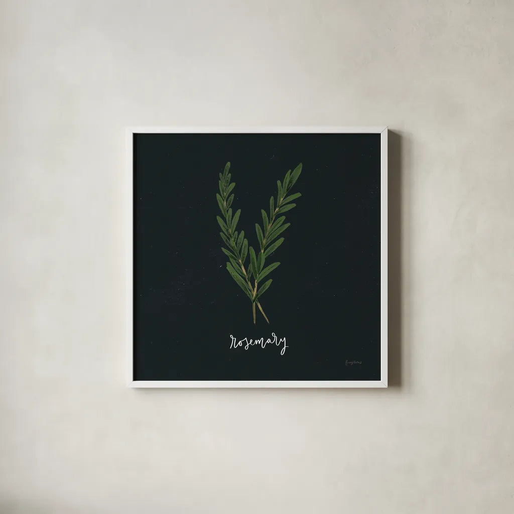 Herbs III Black by Becky Thorns. Shown in a crisp white glass frame for a clean and minimalist style. Available as an archival giclee rolled canvas, fine art paper, or poster print. SKU 64684a.
