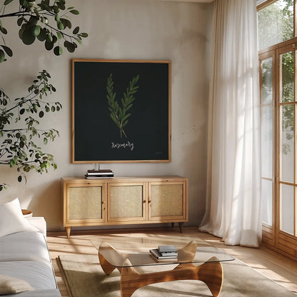 Herbs III Black by Becky Thorns. Shown in a natural wood frame in a cozy modern living room. Available as an archival giclee rolled canvas, fine art paper, or poster print. SKU 64684a.
