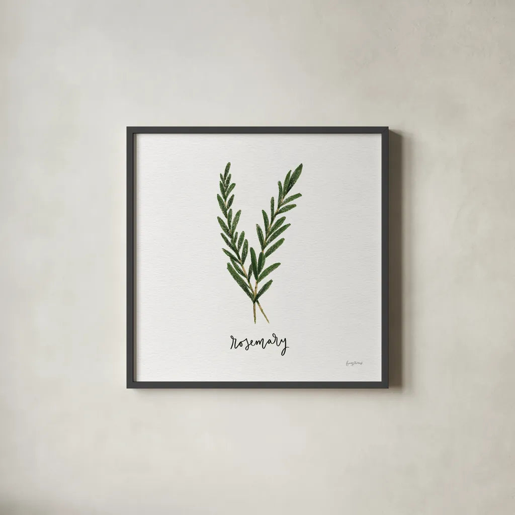 Herbs III White by Becky Thorns. Shown in a sleek black glass frame for a contemporary gallery look. Available as an archival giclee rolled canvas, fine art paper, or poster print. SKU 64691a.
