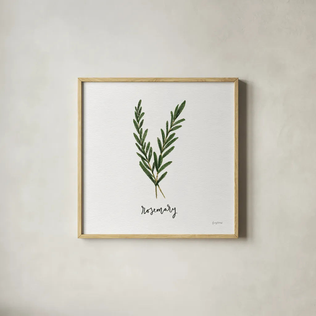 Herbs III White by Becky Thorns. Shown in a natural wood glass frame for a timeless modern aesthetic. Available as an archival giclee rolled canvas, fine art paper, or poster print. SKU 64691a.