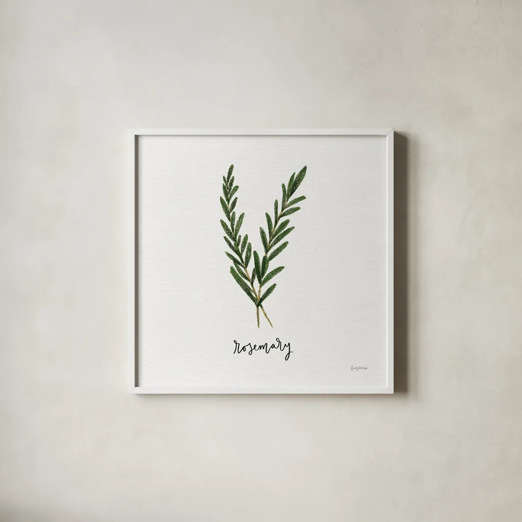 Herbs III White by Becky Thorns. Shown in a crisp white glass frame for a clean and minimalist style. Available as an archival giclee rolled canvas, fine art paper, or poster print. SKU 64691a.