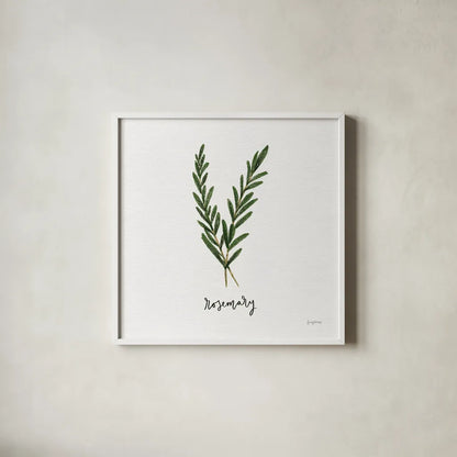 Herbs III White by Becky Thorns. Shown in a crisp white glass frame for a clean and minimalist style. Available as an archival giclee rolled canvas, fine art paper, or poster print. SKU 64691a.