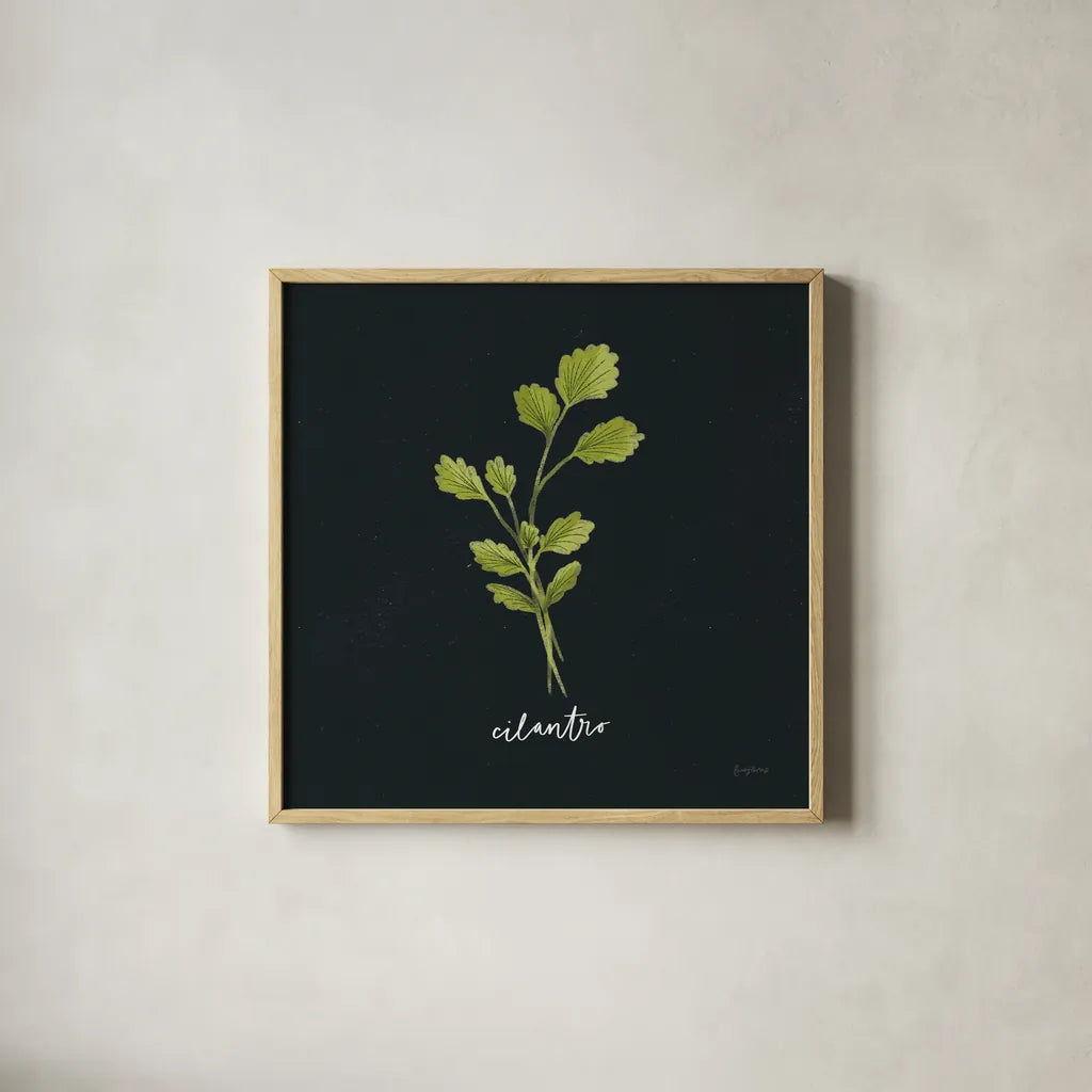 Herbs IV Black by Becky Thorns. Shown in a natural wood glass frame for a timeless modern aesthetic. Available as an archival giclee rolled canvas, fine art paper, or poster print. SKU 64685a.