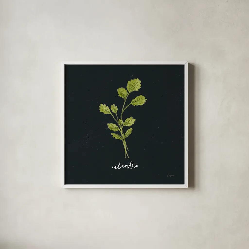 Herbs IV Black by Becky Thorns. Shown in a crisp white glass frame for a clean and minimalist style. Available as an archival giclee rolled canvas, fine art paper, or poster print. SKU 64685a.