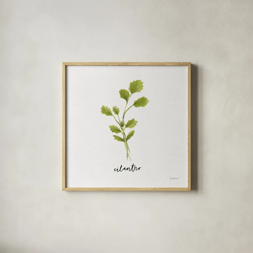 Herbs IV White by Becky Thorns. Shown in a natural wood glass frame for a timeless modern aesthetic. Available as an archival giclee rolled canvas, fine art paper, or poster print. SKU 64692a.