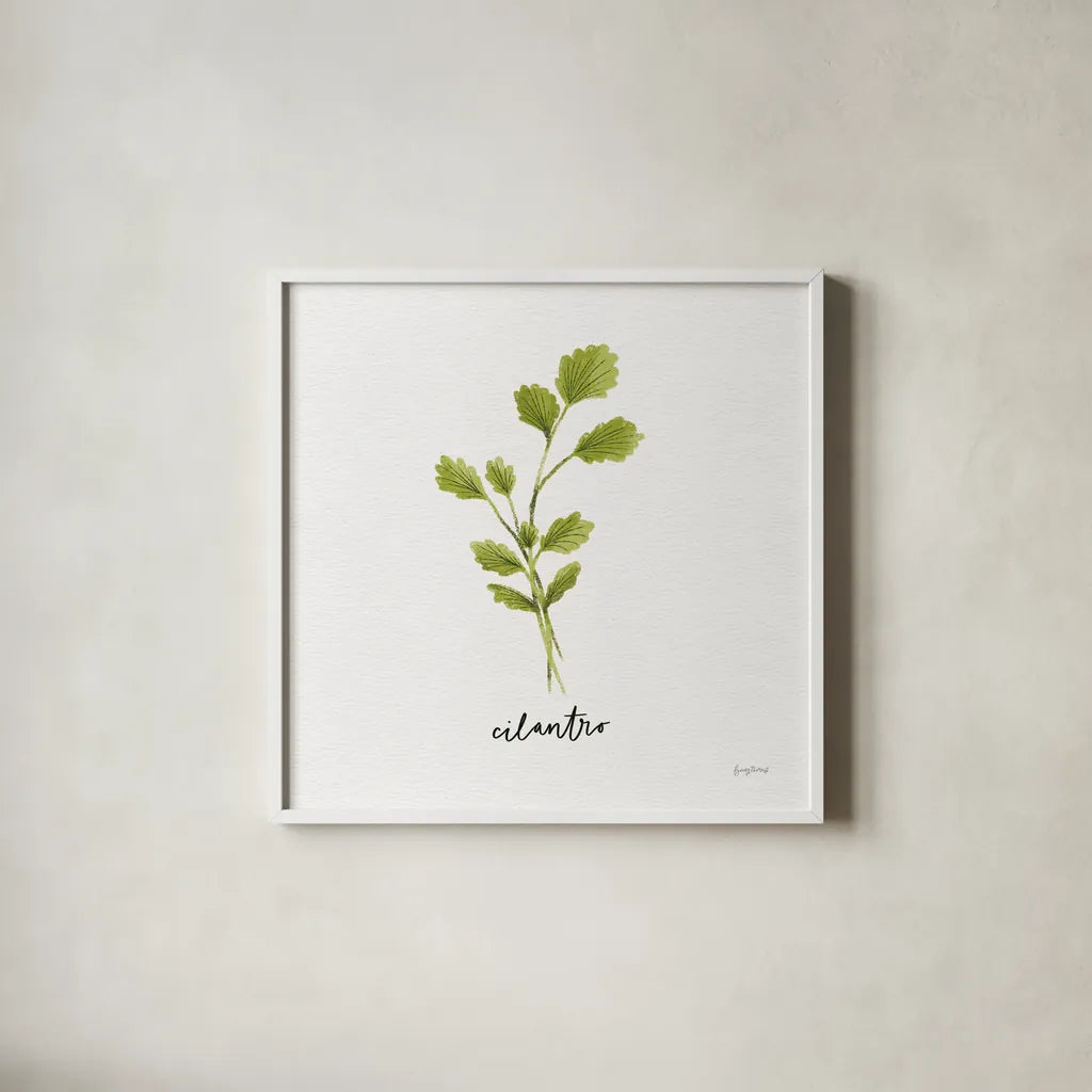Herbs IV White by Becky Thorns. Shown in a crisp white glass frame for a clean and minimalist style. Available as an archival giclee rolled canvas, fine art paper, or poster print. SKU 64692a.