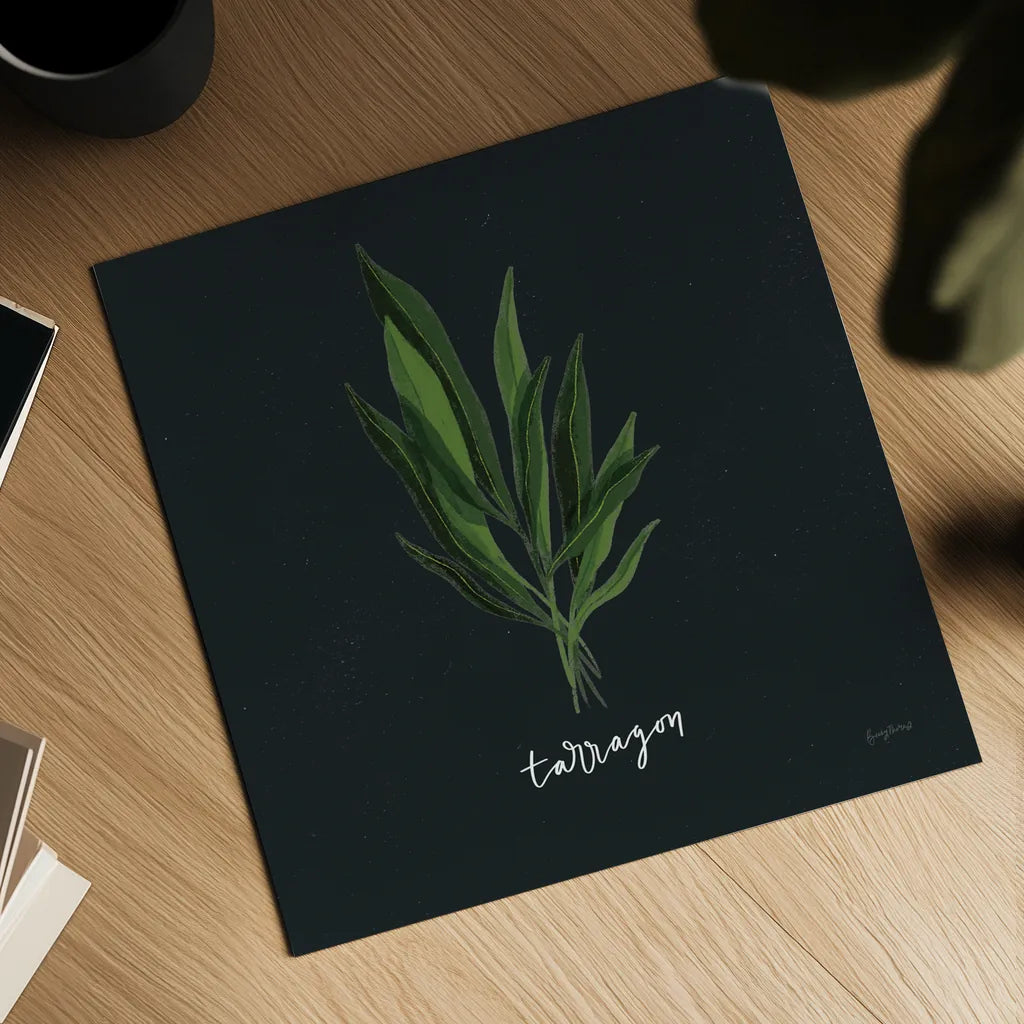 Herbs V Black by Becky Thorns. Shown as a detailed flat fine art print, highlighting archival giclee quality. Available as an archival giclee rolled canvas, fine art paper, or poster print. SKU 64686a.