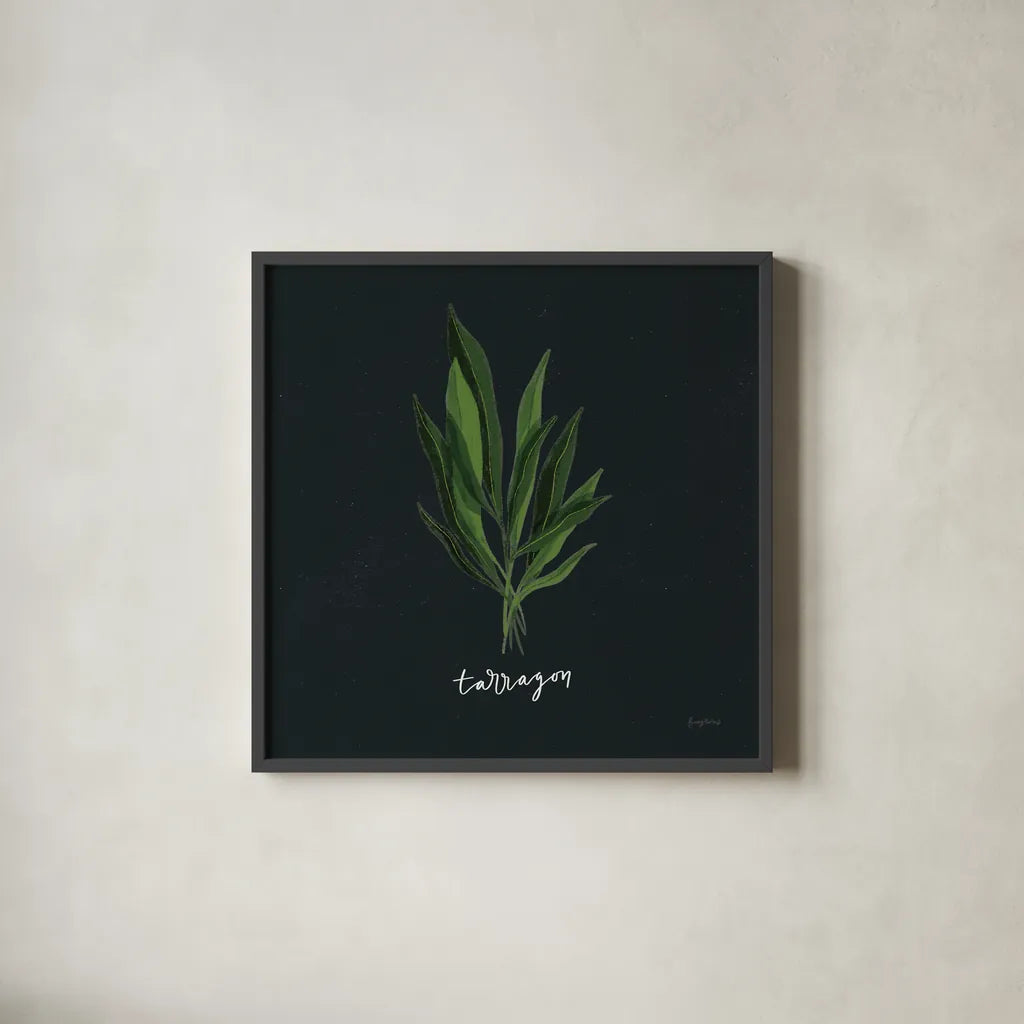Herbs V Black by Becky Thorns. Shown in a sleek black glass frame for a contemporary gallery look. Available as an archival giclee rolled canvas, fine art paper, or poster print. SKU 64686a.