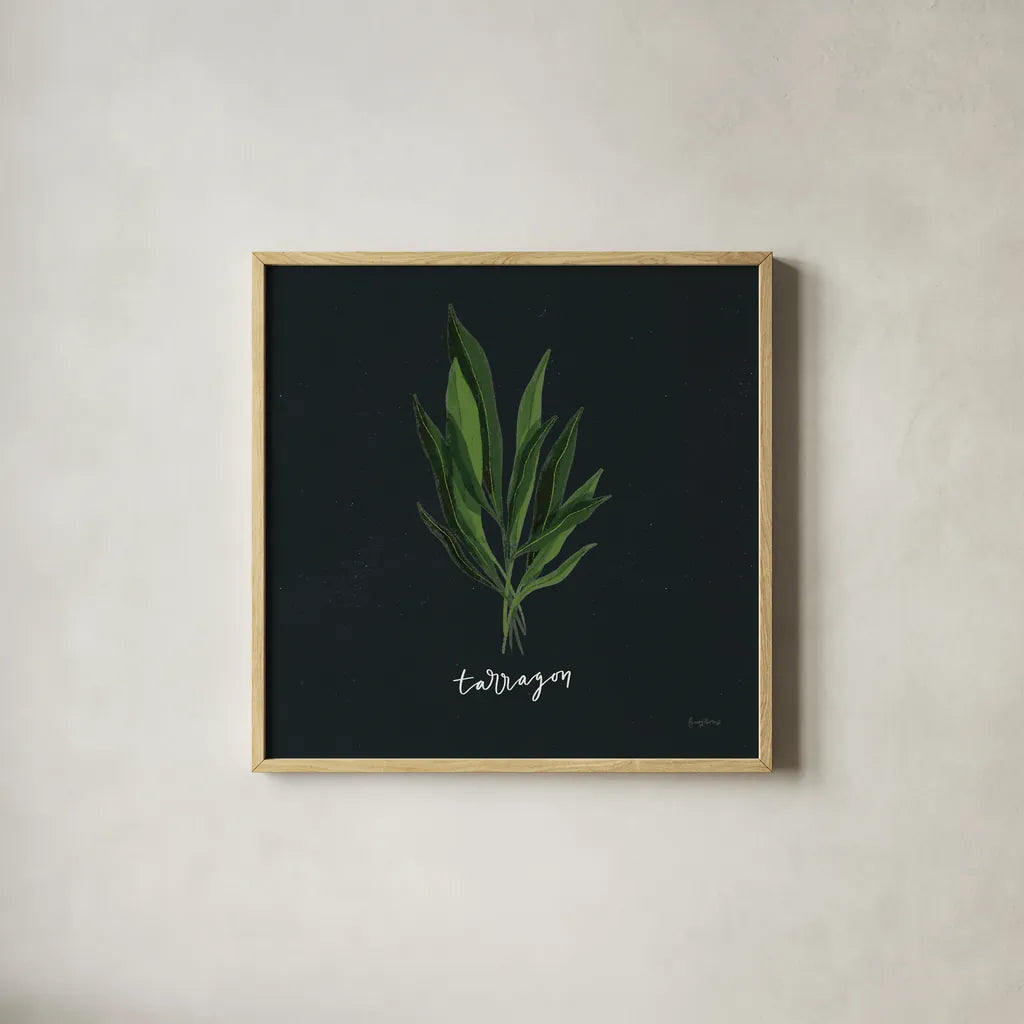 Herbs V Black by Becky Thorns. Shown in a natural wood glass frame for a timeless modern aesthetic. Available as an archival giclee rolled canvas, fine art paper, or poster print. SKU 64686a.