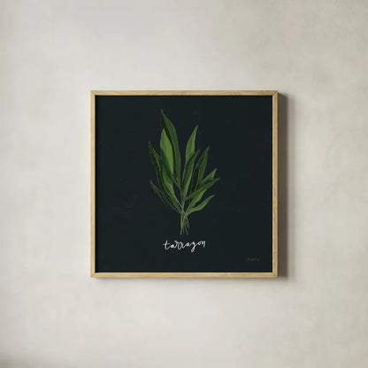 Herbs V Black by Becky Thorns. Shown in a natural wood glass frame for a timeless modern aesthetic. Available as an archival giclee rolled canvas, fine art paper, or poster print. SKU 64686a.