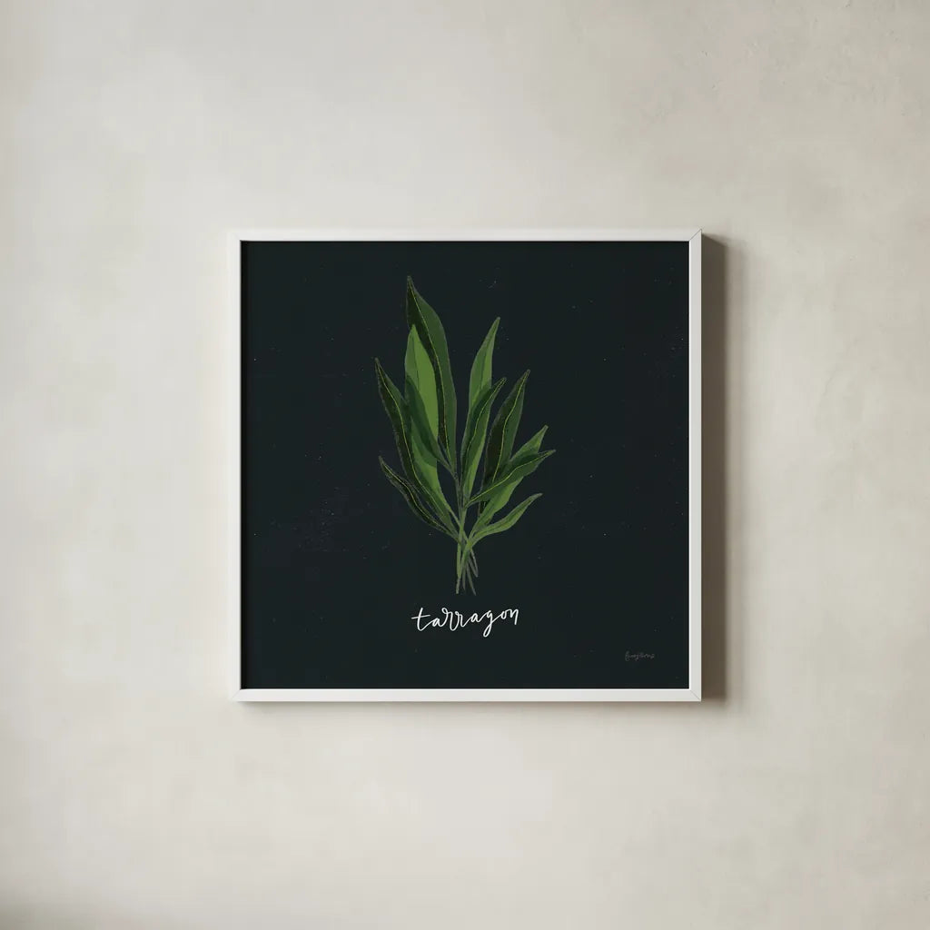 Herbs V Black by Becky Thorns. Shown in a crisp white glass frame for a clean and minimalist style. Available as an archival giclee rolled canvas, fine art paper, or poster print. SKU 64686a.