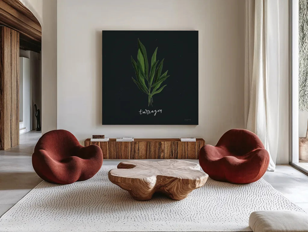 Herbs V Black by Becky Thorns. Shown as extra-large giant wall art in a modern living room. Available as an archival giclee rolled canvas, fine art paper, or poster print. SKU 64686a.