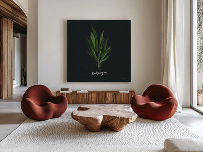 Herbs V Black by Becky Thorns. Shown as extra-large giant wall art in a modern living room. Available as an archival giclee rolled canvas, fine art paper, or poster print. SKU 64686a.