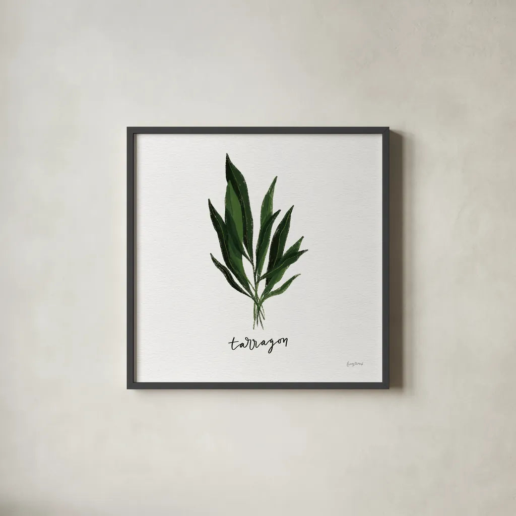 Herbs V White by Becky Thorns. Shown in a sleek black glass frame for a contemporary gallery look. Available as an archival giclee rolled canvas, fine art paper, or poster print. SKU 64693a.