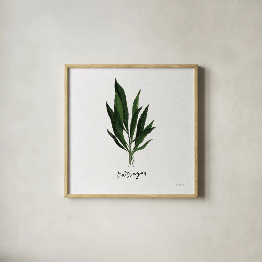 Herbs V White by Becky Thorns. Shown in a natural wood glass frame for a timeless modern aesthetic. Available as an archival giclee rolled canvas, fine art paper, or poster print. SKU 64693a.