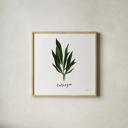 Herbs V White by Becky Thorns. Shown in a natural wood glass frame for a timeless modern aesthetic. Available as an archival giclee rolled canvas, fine art paper, or poster print. SKU 64693a.