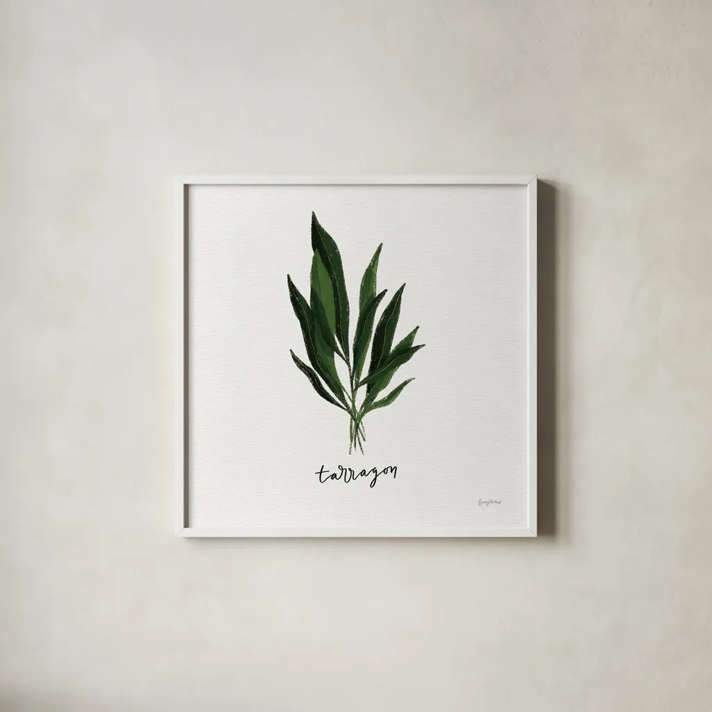Herbs V White by Becky Thorns. Shown in a crisp white glass frame for a clean and minimalist style. Available as an archival giclee rolled canvas, fine art paper, or poster print. SKU 64693a.