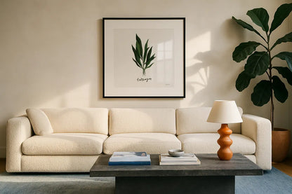 Herbs V White by Becky Thorns. Displayed in a glass frame with matte in a clean modern living room. Available as an archival giclee rolled canvas, fine art paper, or poster print. SKU 64693a.