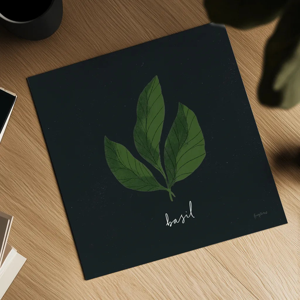 Herbs VI Black by Becky Thorns. Shown as a detailed flat fine art print, highlighting archival giclee quality. Available as an archival giclee rolled canvas, fine art paper, or poster print. SKU 64687a.