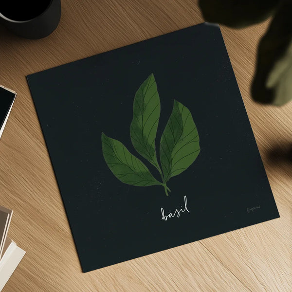 Herbs VI Black by Becky Thorns. Shown as a detailed flat fine art print, highlighting archival giclee quality. Available as an archival giclee rolled canvas, fine art paper, or poster print. SKU 64687a.