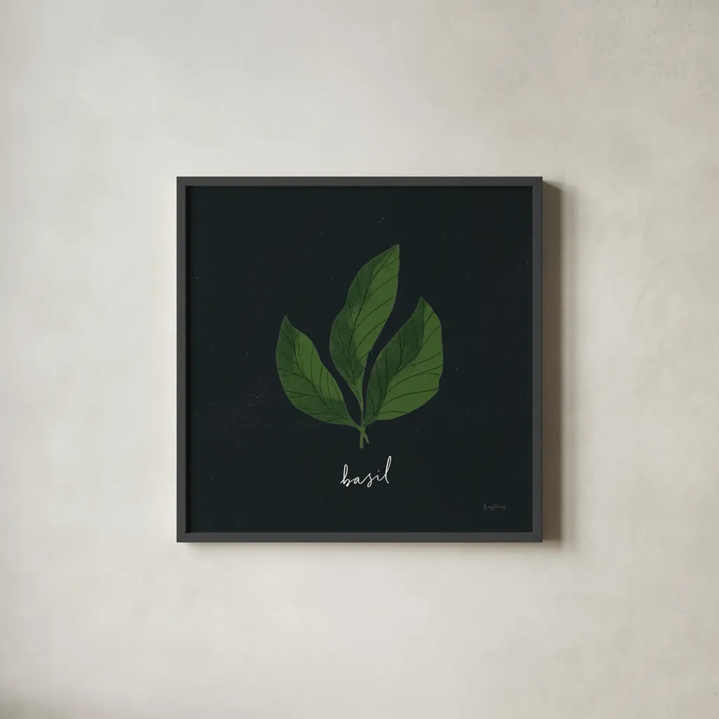 Herbs VI Black by Becky Thorns. Shown in a sleek black glass frame for a contemporary gallery look. Available as an archival giclee rolled canvas, fine art paper, or poster print. SKU 64687a.