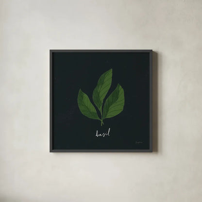 Herbs VI Black by Becky Thorns. Shown in a sleek black glass frame for a contemporary gallery look. Available as an archival giclee rolled canvas, fine art paper, or poster print. SKU 64687a.