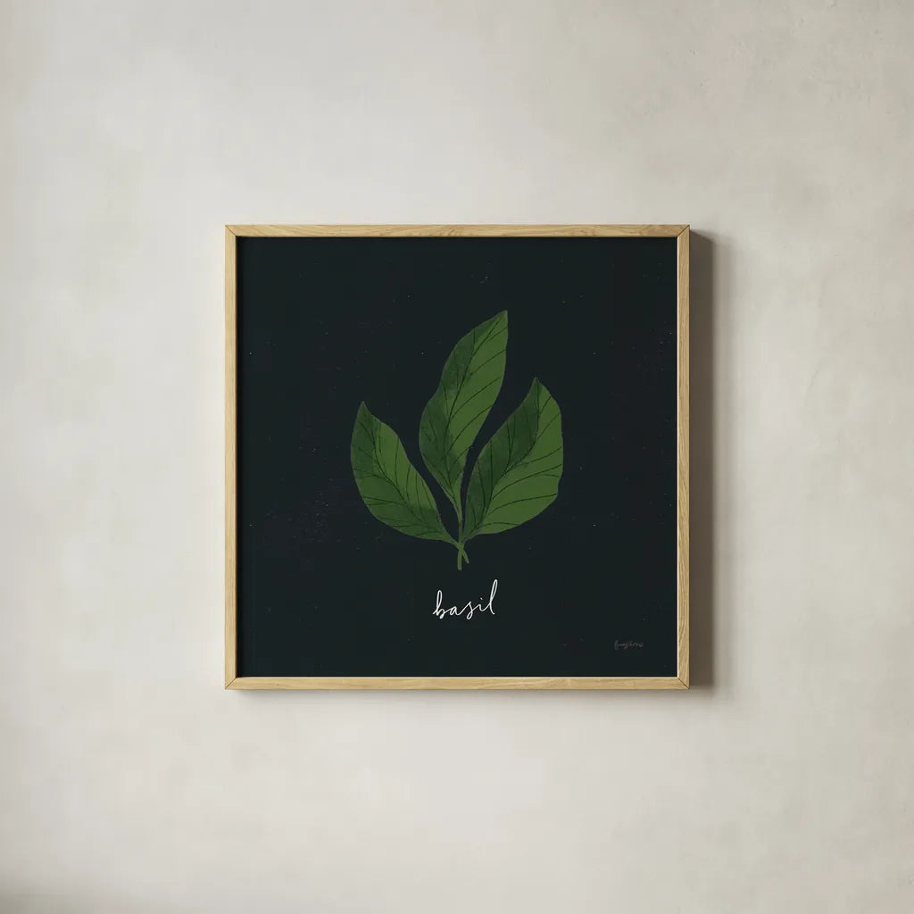 Herbs VI Black by Becky Thorns. Shown in a natural wood glass frame for a timeless modern aesthetic. Available as an archival giclee rolled canvas, fine art paper, or poster print. SKU 64687a.