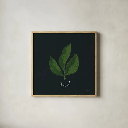 Herbs VI Black by Becky Thorns. Shown in a natural wood glass frame for a timeless modern aesthetic. Available as an archival giclee rolled canvas, fine art paper, or poster print. SKU 64687a.