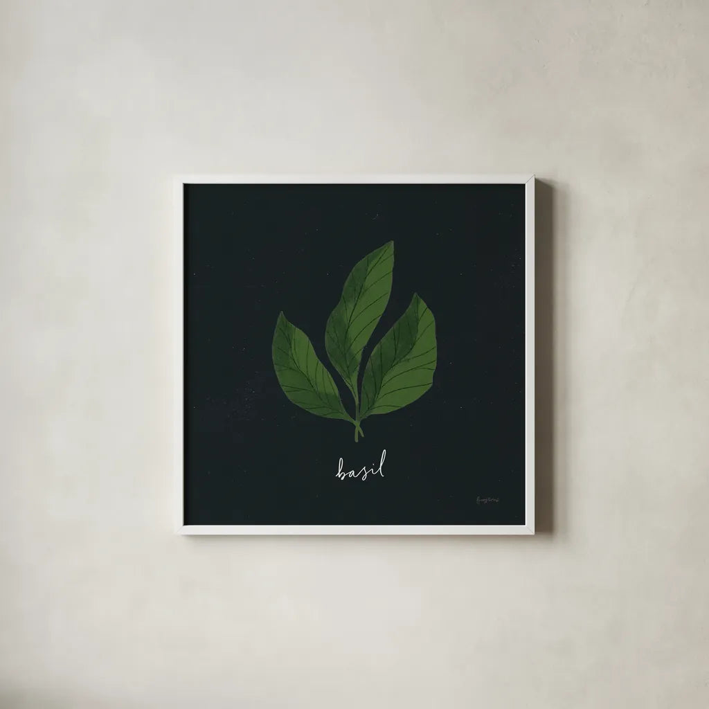 Herbs VI Black by Becky Thorns. Shown in a crisp white glass frame for a clean and minimalist style. Available as an archival giclee rolled canvas, fine art paper, or poster print. SKU 64687a.