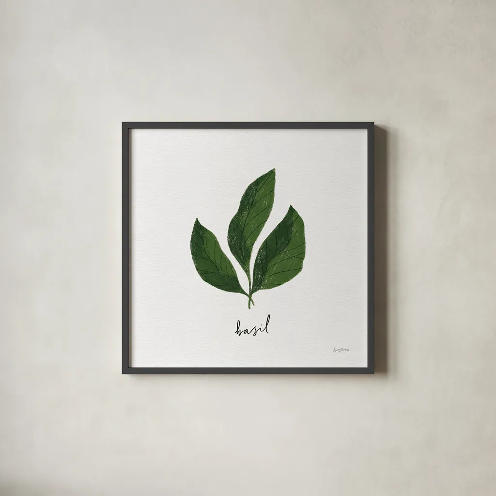 Herbs VI White by Becky Thorns. Shown in a sleek black glass frame for a contemporary gallery look. Available as an archival giclee rolled canvas, fine art paper, or poster print. SKU 64694a.