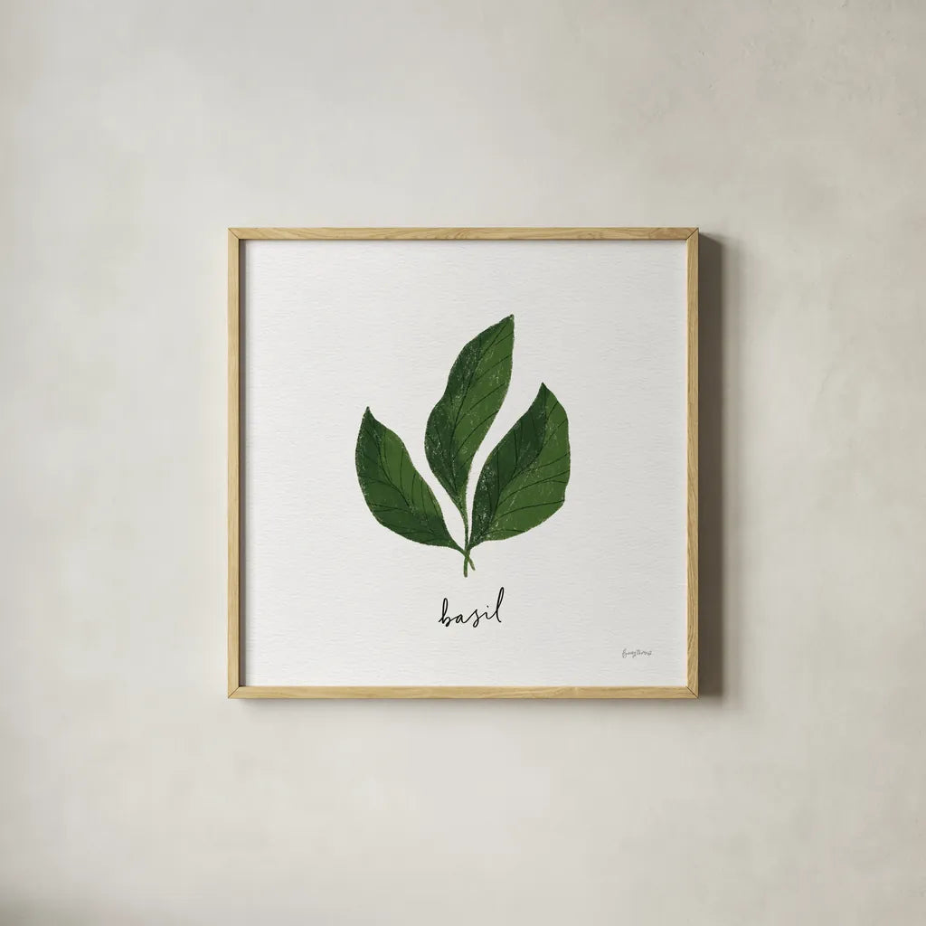 Herbs VI White by Becky Thorns. Shown in a natural wood glass frame for a timeless modern aesthetic. Available as an archival giclee rolled canvas, fine art paper, or poster print. SKU 64694a.
