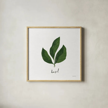 Herbs VI White by Becky Thorns. Shown in a natural wood glass frame for a timeless modern aesthetic. Available as an archival giclee rolled canvas, fine art paper, or poster print. SKU 64694a.