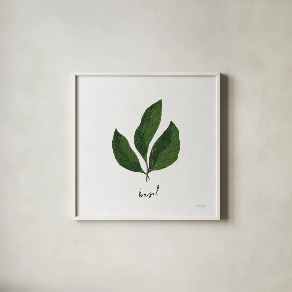 Herbs VI White by Becky Thorns. Shown in a crisp white glass frame for a clean and minimalist style. Available as an archival giclee rolled canvas, fine art paper, or poster print. SKU 64694a.