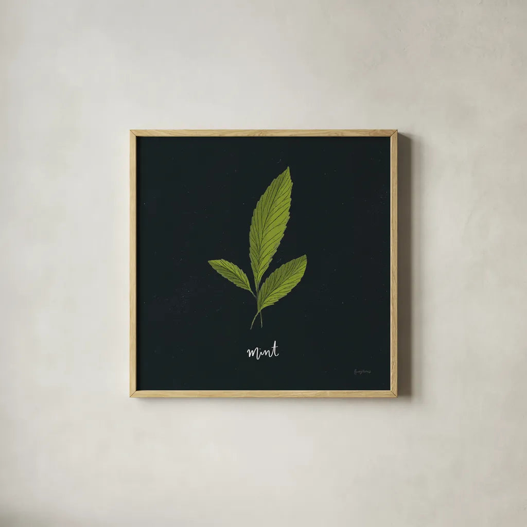 Herbs VII Black by Becky Thorns. Shown in a natural wood glass frame for a timeless modern aesthetic. Available as an archival giclee rolled canvas, fine art paper, or poster print. SKU 64688a.