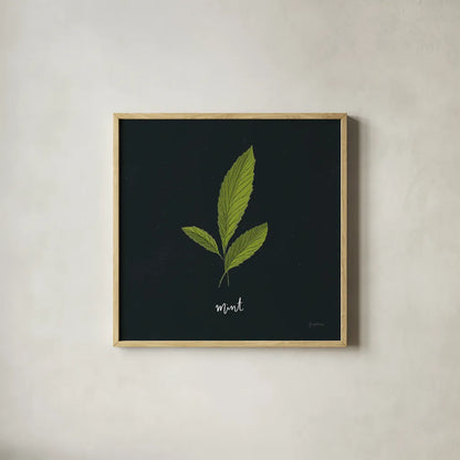 Herbs VII Black by Becky Thorns. Shown in a natural wood glass frame for a timeless modern aesthetic. Available as an archival giclee rolled canvas, fine art paper, or poster print. SKU 64688a.