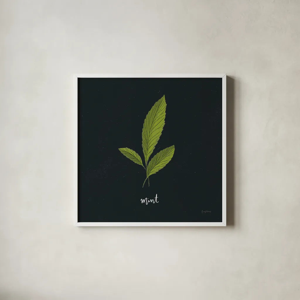 Herbs VII Black by Becky Thorns. Shown in a crisp white glass frame for a clean and minimalist style. Available as an archival giclee rolled canvas, fine art paper, or poster print. SKU 64688a.