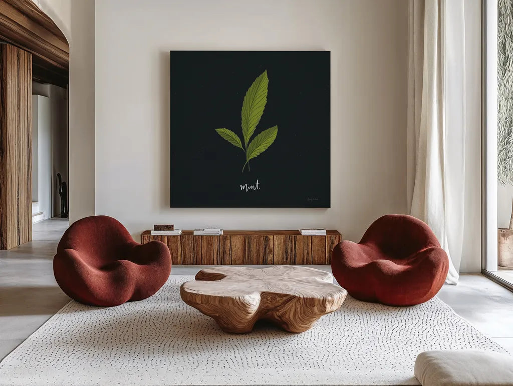 Herbs VII Black by Becky Thorns. Shown as extra-large giant wall art in a modern living room. Available as an archival giclee rolled canvas, fine art paper, or poster print. SKU 64688a.