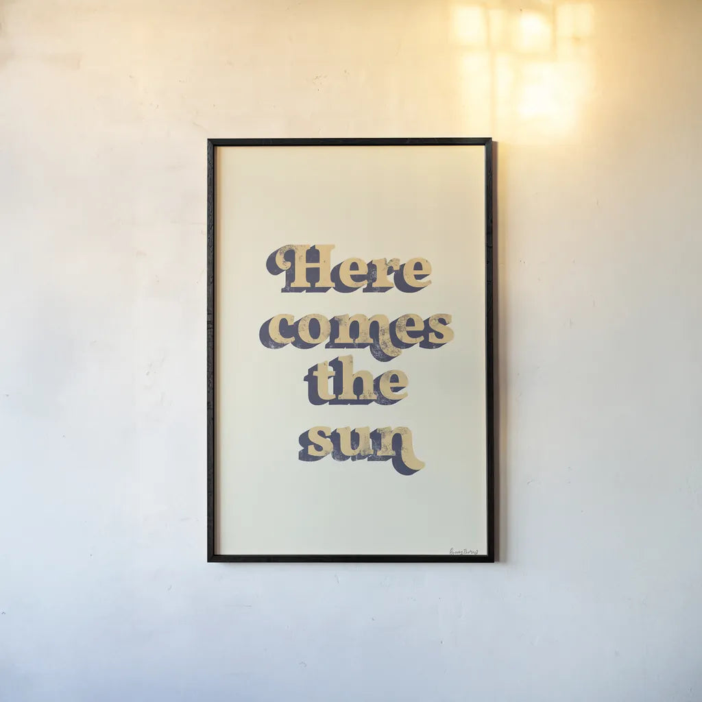 Here Comes the Sun by Becky Thorns. shown as a paper print in a black flame. Available as a archival giclee rolled canvas, fine art paper, or poster print. SKU 65166h.
