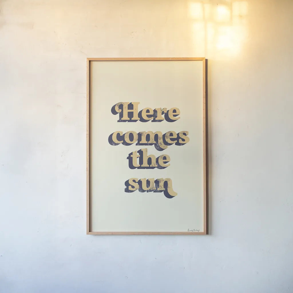 Here Comes the Sun by Becky Thorns. shown as a paper print in a natural frame. Available as a archival giclee rolled canvas, fine art paper, or poster print. SKU 65166h.