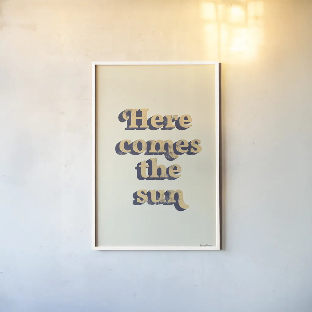 Here Comes the Sun by Becky Thorns. shown as a paper print in a white frame. Available as a archival giclee rolled canvas, fine art paper, or poster print. SKU 65166h.