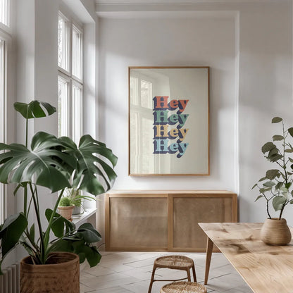 Hey by Becky Thorns. shown as a print in a natural wood frame in a dining room. Available as a archival giclee rolled canvas, fine art paper, or poster print. SKU 65162h.