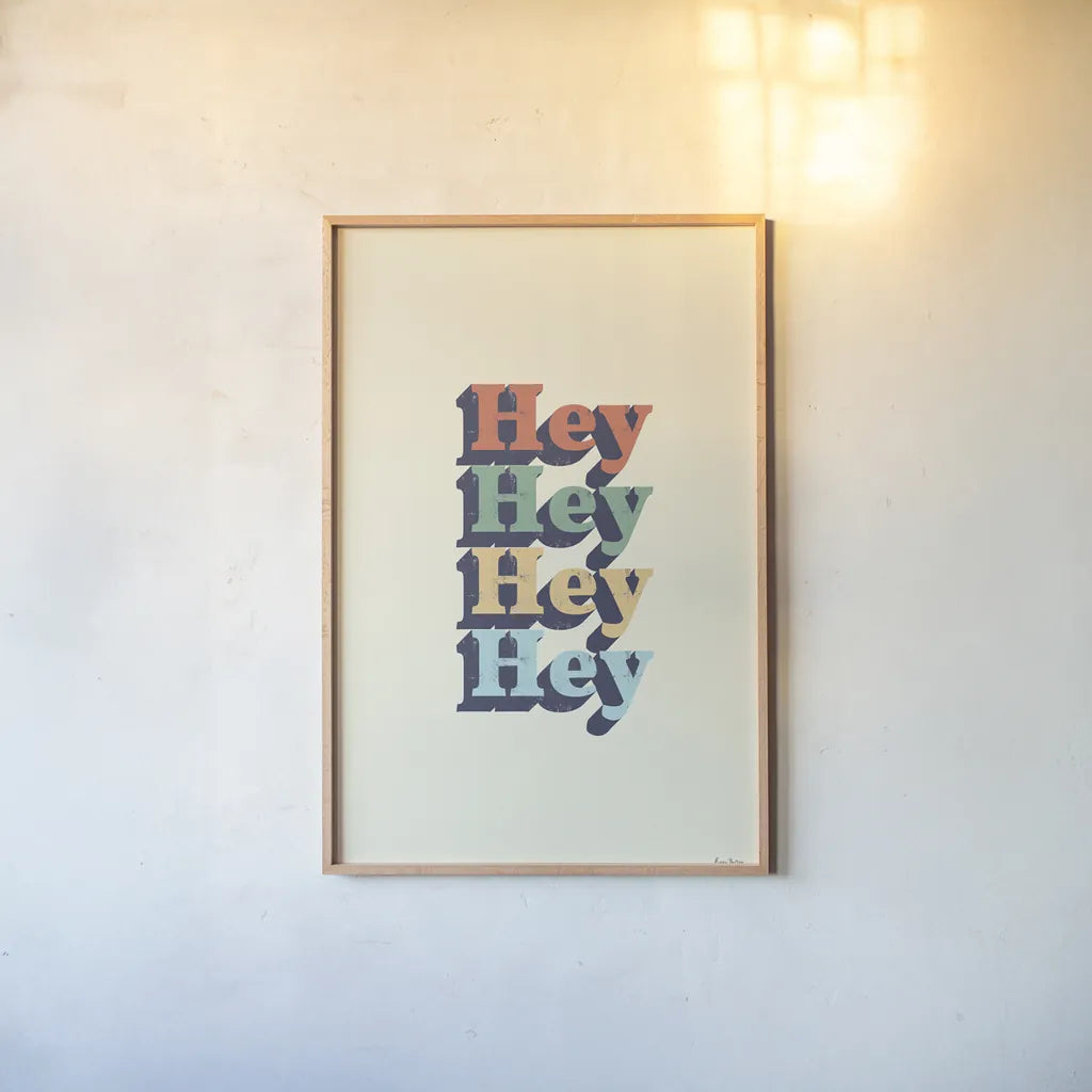 Hey by Becky Thorns. shown as a paper print in a natural frame. Available as a archival giclee rolled canvas, fine art paper, or poster print. SKU 65162h.