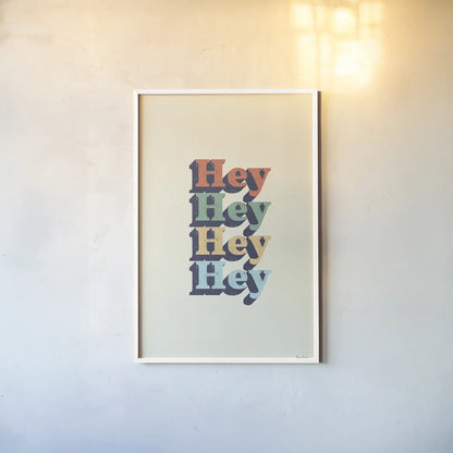 Hey by Becky Thorns. shown as a paper print in a white frame. Available as a archival giclee rolled canvas, fine art paper, or poster print. SKU 65162h.